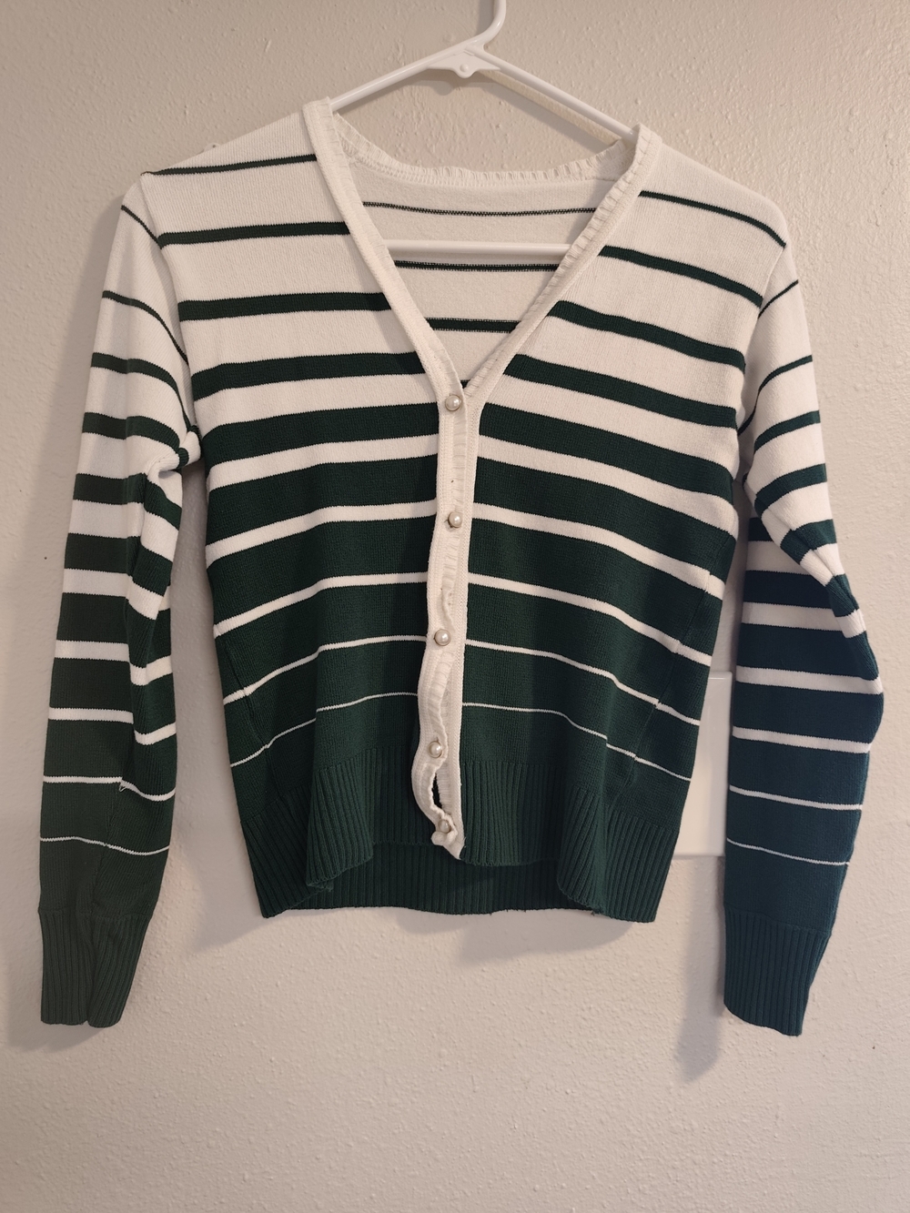 Striped V-Neck Button Cardigan Sweater - Green & White